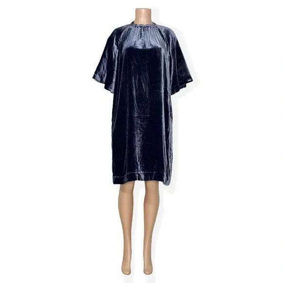 cos navy silk dress COS Women's Gathered Washed- Midi Shirt Dress in Navy | Silk